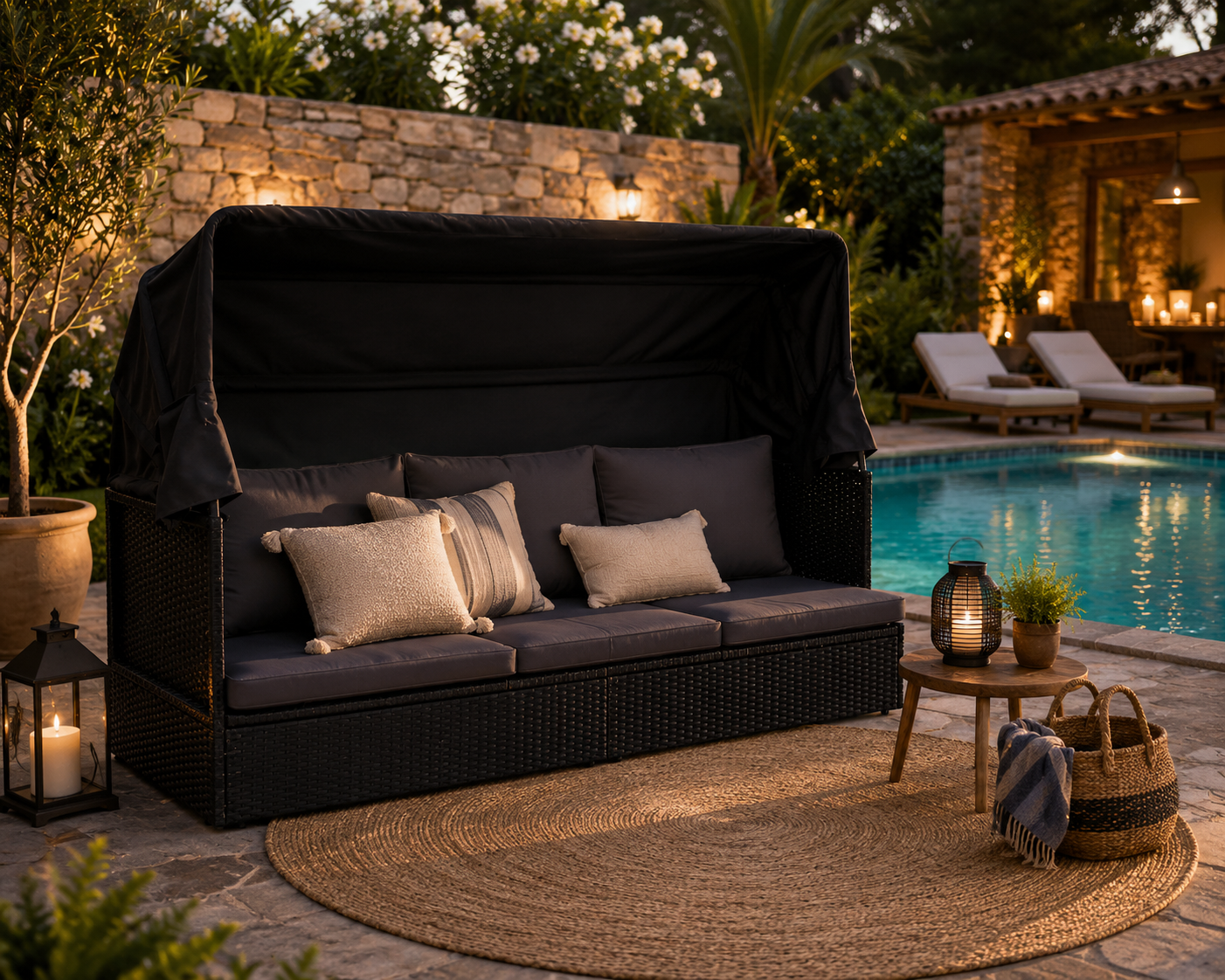 Bain de Soleil Canapé avec Auvent Résine Tressée INTIMY
